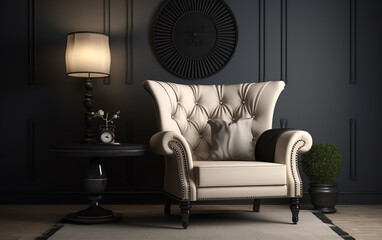 classic armchair and lamp Ivory armchair in a dark wall living room interior , Generative AI	