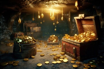 Cave with a treasure with coffers full of gold, generative ai