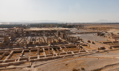 Panoramic general view of ruins in Persepolis, founded by Darius the Great in 518 B.C. and capital...