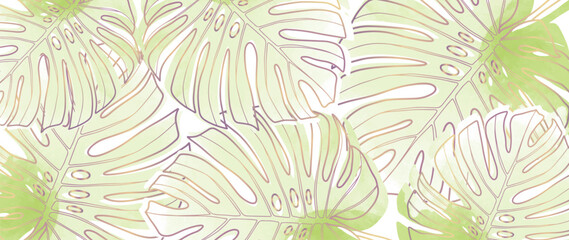 Green watercolor tropical background with golden contours of monstera leaves. Background for decor, covers, wallpapers, postcards and presentations