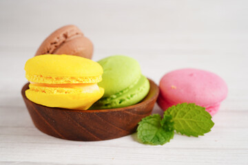 Macaron or french macaroon dessert, cake and cookies on the celebrated birthday.