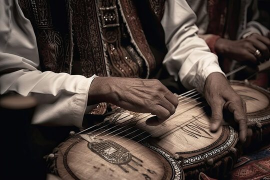 an indian man playing the sitar on his musical instrument, taken in black and white with focus to the strings. Generative Ai