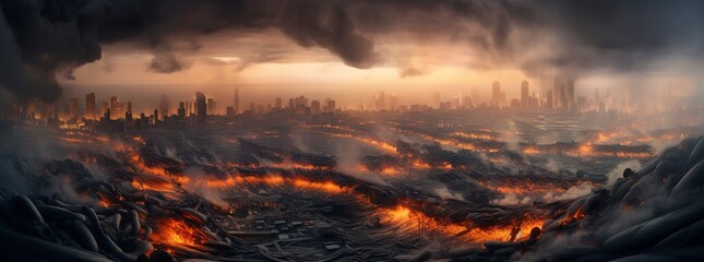Post apocalypse. Nuclear apocalypse survivor. Ruined Cityscape. Concept. Banner size. Header, A nuclear explosion in the center of the metropolis. The beginning of apocalyptic, generate ai - obrazy, fototapety, plakaty