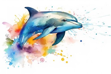 Dolphin watercolour sketch of the marine animal leaping and jumping from the ocean surface of the sea and is an intelligent social creature.