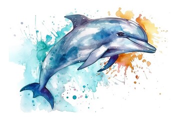 Dolphin watercolour sketch of the marine animal leaping and jumping from the ocean surface of the sea and is an intelligent social creature.