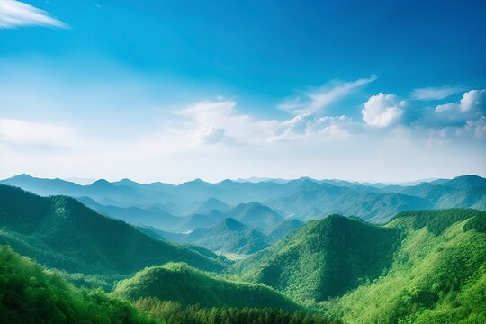 World environment day concept, Green mountains and beautiful blue sky cloud.