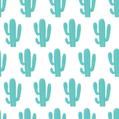 Standing Green Saguaro Cactus Vector Seamless Pattern