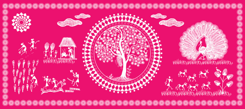 Harmony of Nature: Celebrating Indian Farming and Forest Life in Warli Painting. Rural Bliss: Indian Farmer Embracing Nature's Bounty in a Vibrant Warli Painting. Wallpaper illustration, warli art.