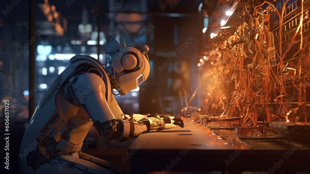 Aufkleber a man in a futuristic suit sitting at a table in front of a computer, surrounded by plants and illum