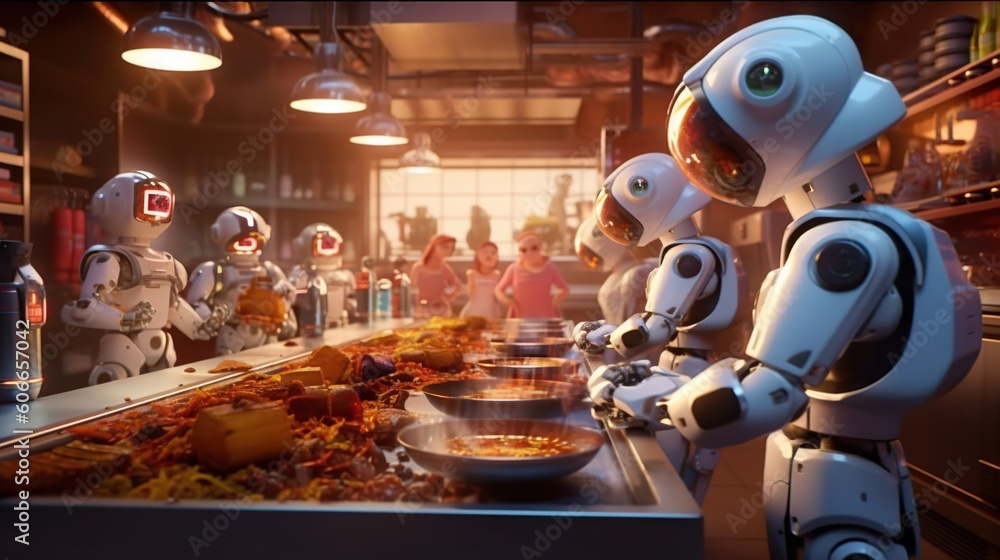 Poster a group of robots standing in a kitchen next to a table full of food and a bowl of food in front of 