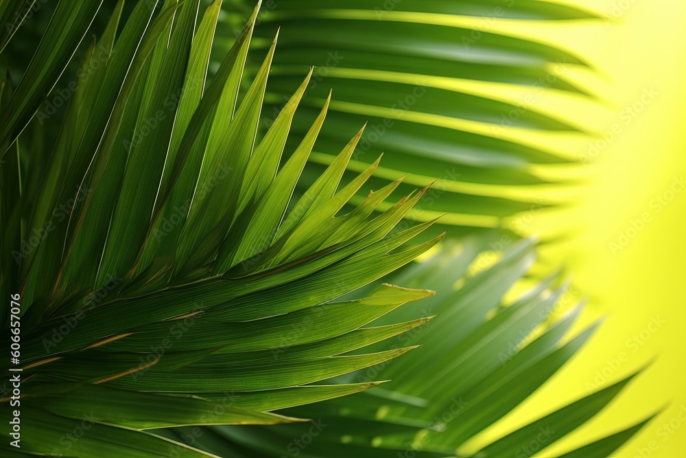 Poster a close up of a palm leaf on a yellow background with a blurry image of the top part of the leaf and