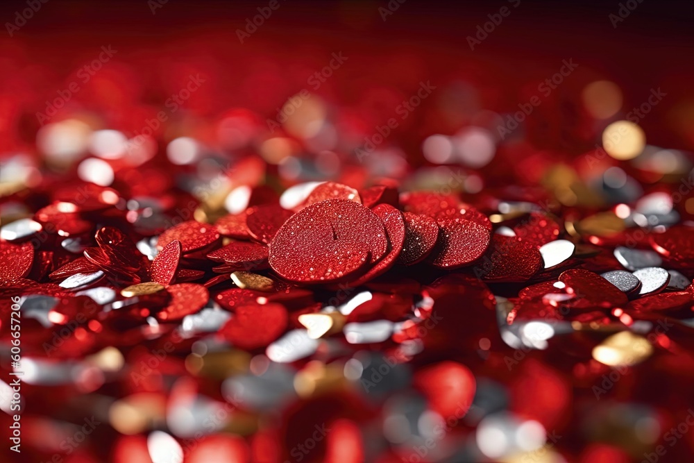 Aufkleber a pile of red and silver confetti on a red tablecloth with a red button in the middle of the pile of