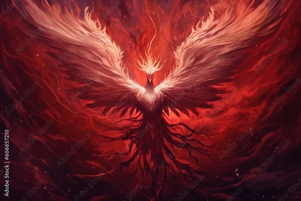 Poster a painting of a bird with red and white wings and a red background with stars and a black bird with 
