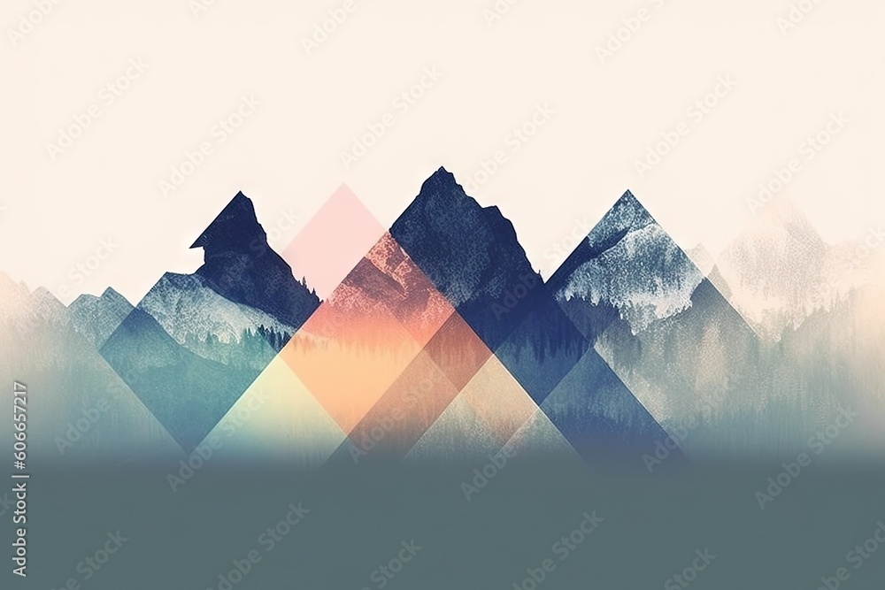 Poster a painting of mountains with a sunset in the middle of the picture and a sky background with a few c