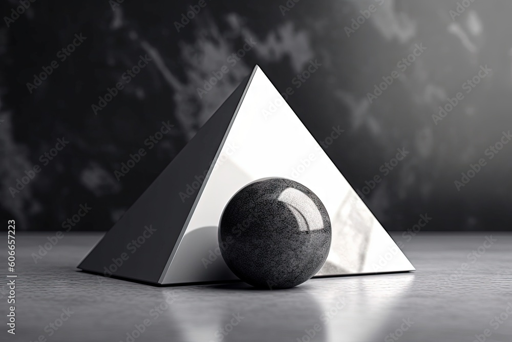 Poster a black and white photo of a pyramid and a ball on a table top with a marble background in the foreg