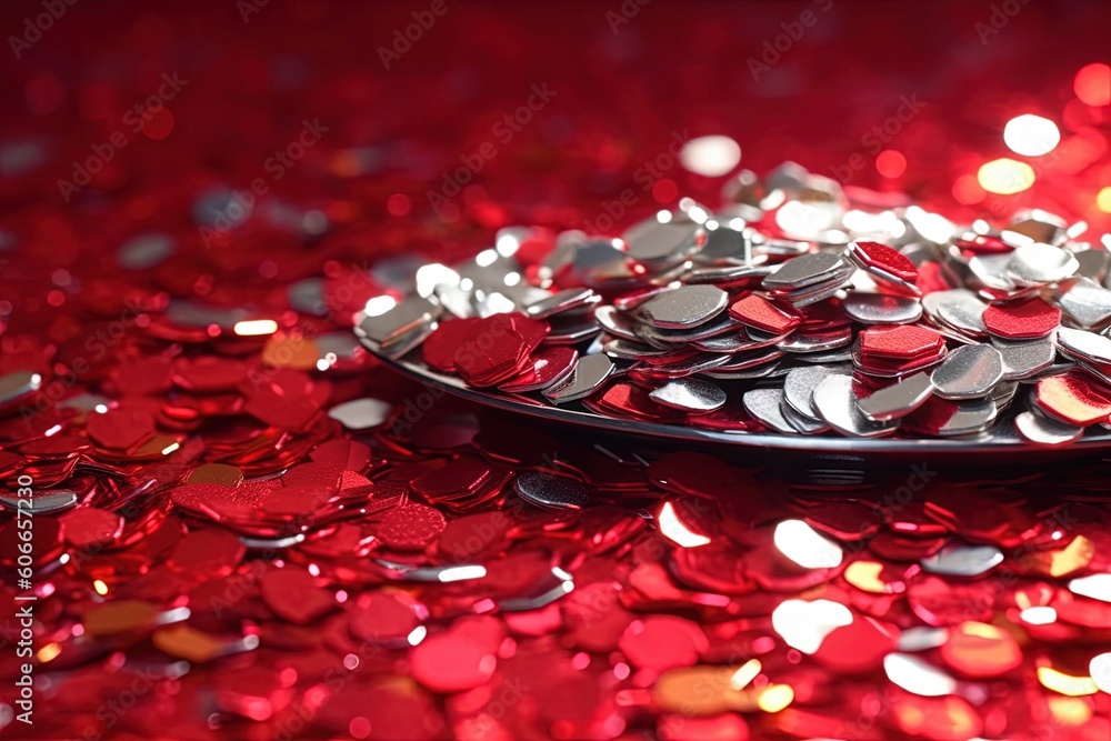 Poster a plate of red and silver confetti on a red tablecloth with a red background and a red table cloth w