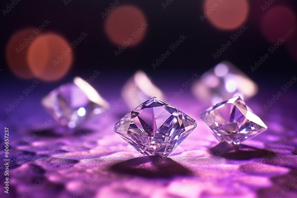 Poster a group of diamonds sitting on top of a purple table cloth with lights in the background and a purpl