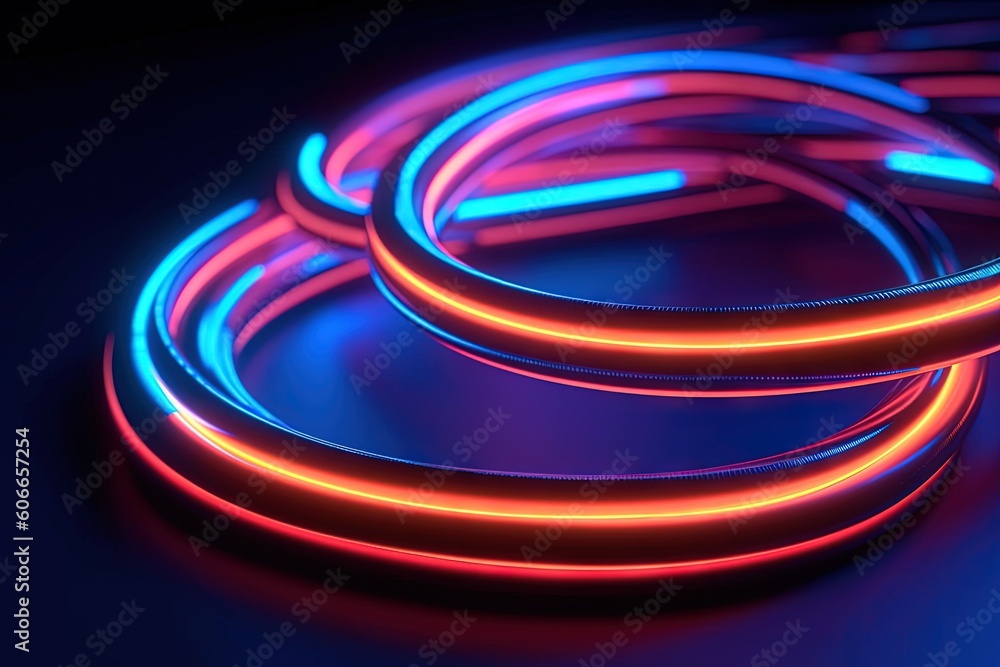 Poster a close up of neon lights on a black background with a blue background and a red and blue one in the