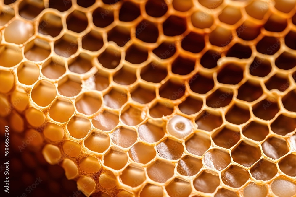 Poster a close up view of a honeycomb with honey cells in the center of the image and the honey inside the 
