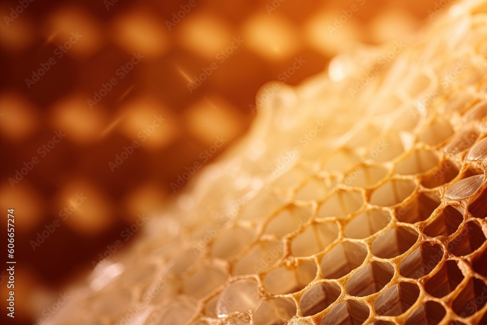 Poster a close up of a honeycomb with a blurry background of honeycombs and drops of dew on the surface of 