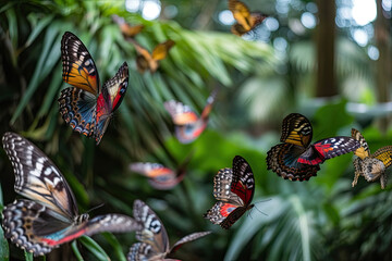 many colorful butterflies flying in the air with green leaves and trees in the background, as if they are looking for something. Generative Ai