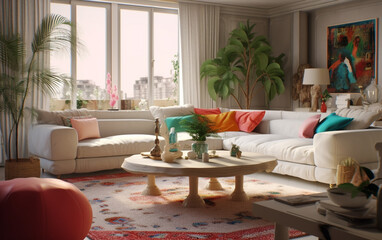 Ivory living room with bold pops of color and eclectic decor, Generative AI	