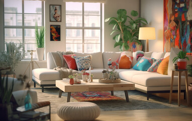 modern Ivory living room with bold pops of color and eclectic decor, Generative AI	