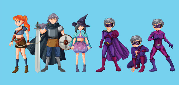 Conjunto de personagens de desenhos animados de fantasia vs Three poses of superhero with mask and cape