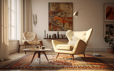 living room interior Ivory living room with vintage rug and mid - century modern armchair, Generative AI	