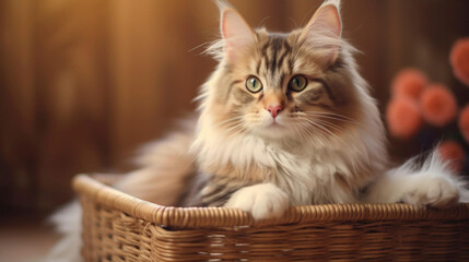 Fototapeta na wymiar Generative A.I.copy space, cute adorable Norwegian Forest Cat lying in a basket. Adorable cat, cute animal, cute pet,awesome, Royal, proud.
