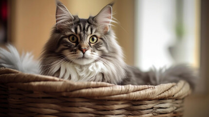 Fototapeta na wymiar Generative A.I. copy space, cute adorable Norwegian Forest Cat lying in a basket. Adorable cat, cute animal, cute pet,awesome, Royal, proud.