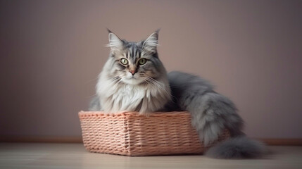 Generative A.I. copy space, cute adorable Norwegian Forest Cat lying in a basket. Adorable cat, cute animal, cute pet,awesome, Royal, proud.