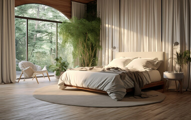 Ivory Oasis Tranquil Bedroom with Natural Wood Accents and Botanical Prints, Generative AI	
