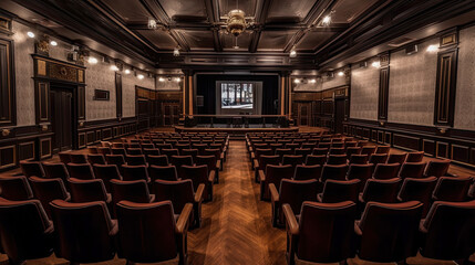 Naklejka premium an empty room with rows of chairs and chandels on either side of the room, there is a project in progress. Generative Ai