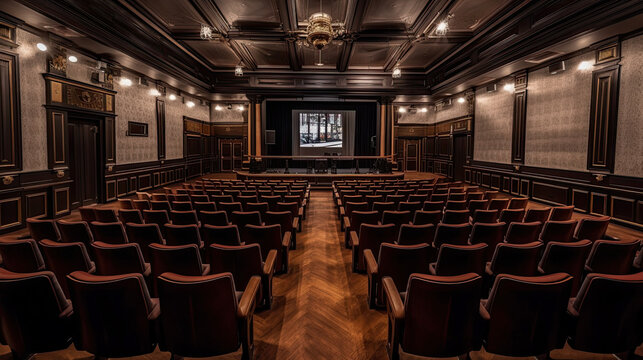 an empty room with rows of chairs and chandels on either side of the room, there is a project in progress. Generative Ai