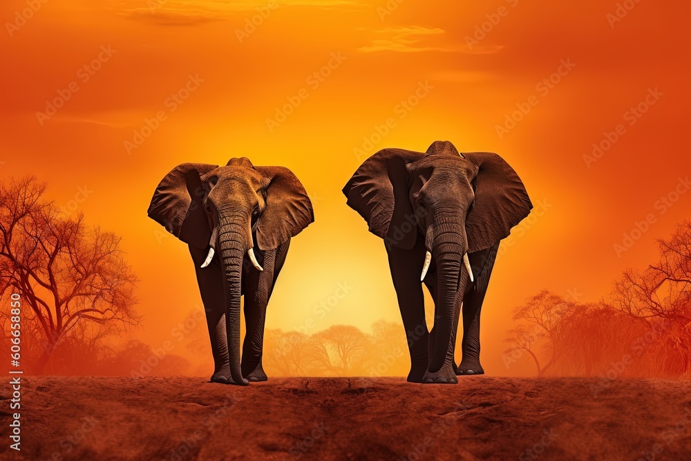 Poster two elephants standing in front of an orange sky with trees in the background and a red sky in the f