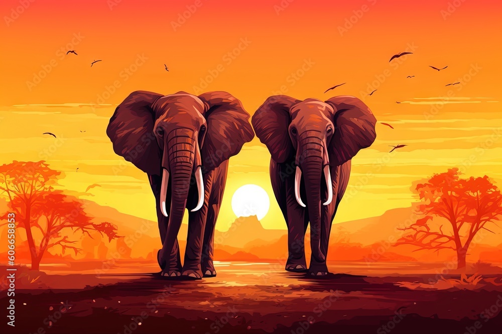 Aufkleber two elephants facing each other in front of an orange sky with birds flying around them and trees in