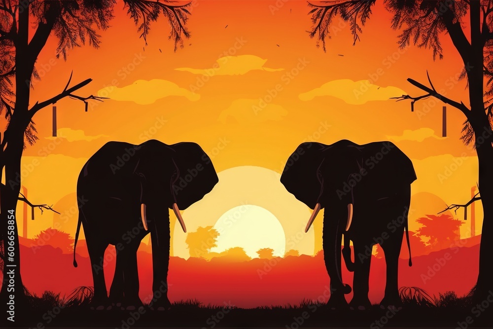 Poster a couple of elephants standing in front of a tree filled forest with the sun setting in the backgrou