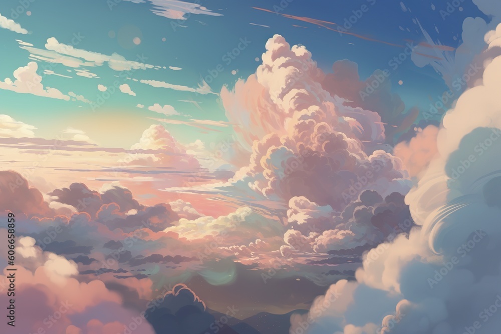 Poster an image depicting a mountainous landscape with clouds and a blue sky in the backdrop generative ai