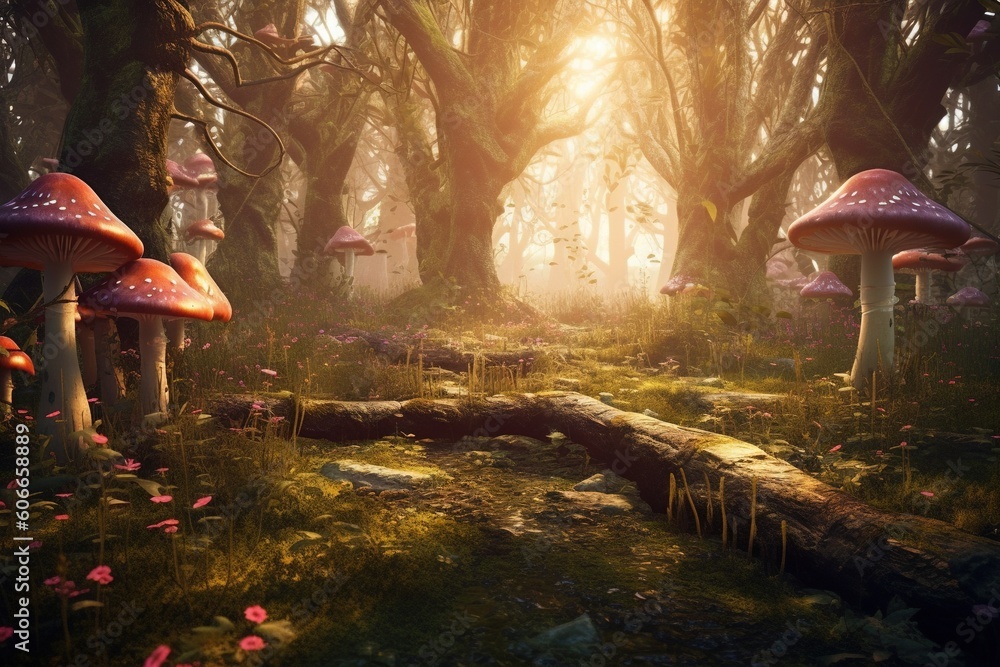 Poster a group of mushrooms that are in the grass in a forest with trees and flowers on the ground and in t