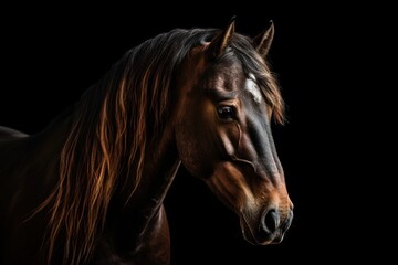 Fototapeta na wymiar a brown horse with long hair standing in front of a black background with its head turned to the side and looking at the camera, with a black background. generative ai