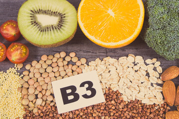 Healthy ingredients containing vitamin B3 and minerals. Nutritious eating. Dark background