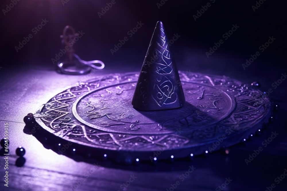 Poster a purple lite up plate with a small cone on top of it on a wooden table with beads and a string of l