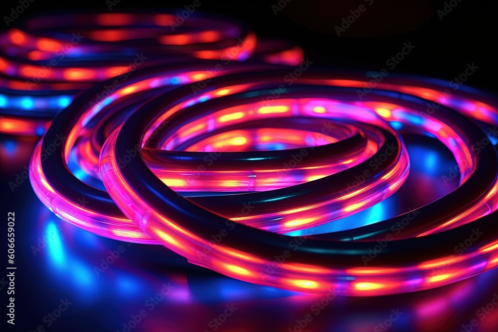 Poster a close up of a neon colored light on a black background with a black background and a red and blue 