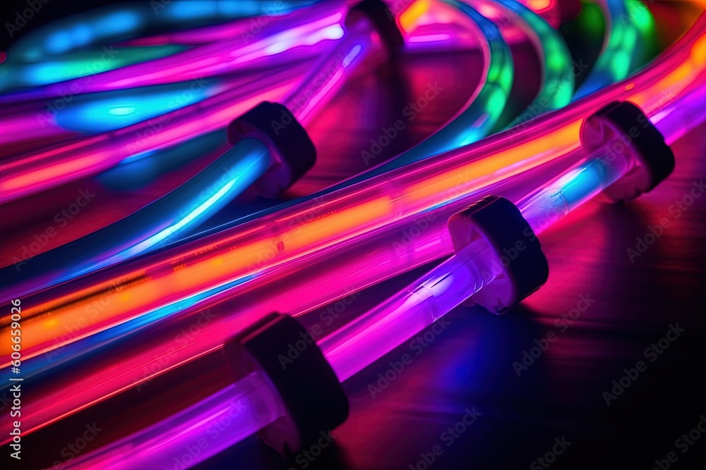 Poster a close up of neon colored lights on a black background with a black background and a black backgrou