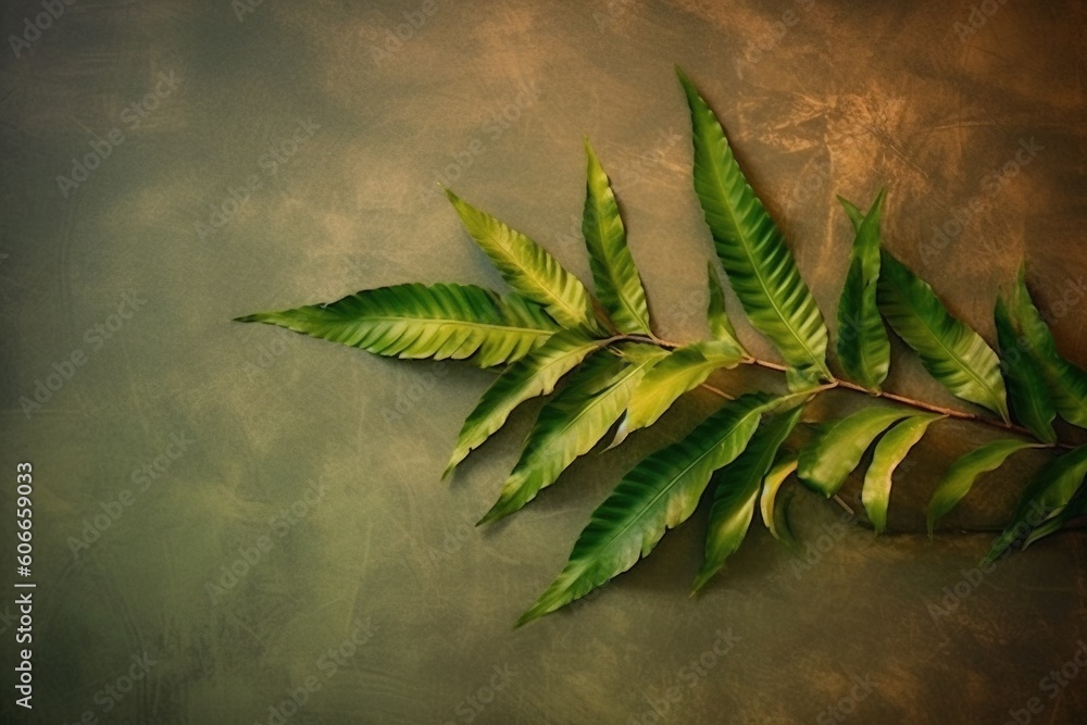 Aufkleber a green leaf is laying on a brown surface with a green background and a black frame around it that h