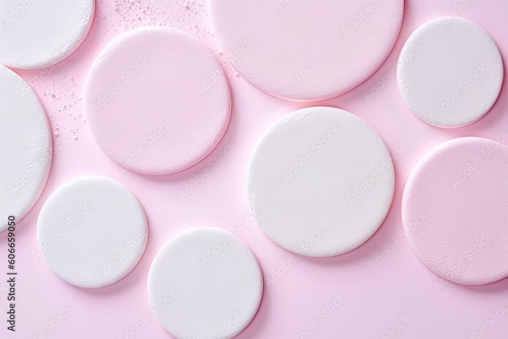 Poster a pink and white background with white circles on top of each other and water droplets on the bottom