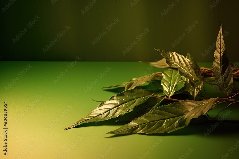 Poster a green table topped with leaves and a green wall behind it with a light shining on the top of the l