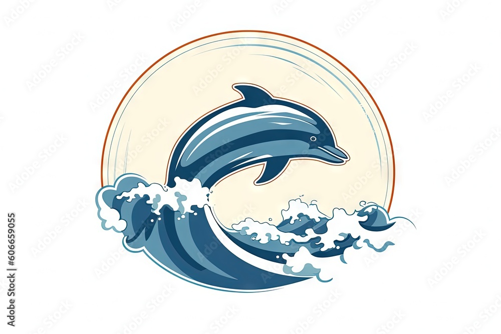 Poster a dolphin jumping out of the water with a wave in the foreground and an orange circle in the middle 