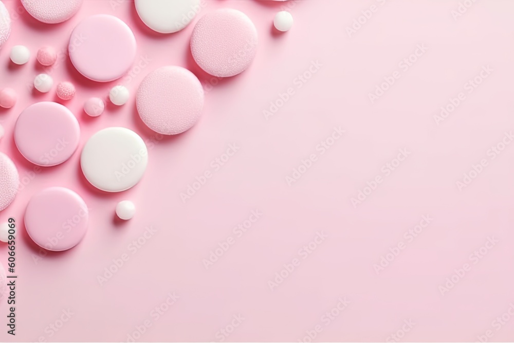 Poster a pink and white background with circles and dots on it, with a pink background with white circles a